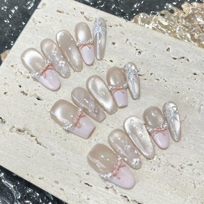 Handmade False Nail French Pink Clear Cat Eye Checkered 3D Bow Press On Nail