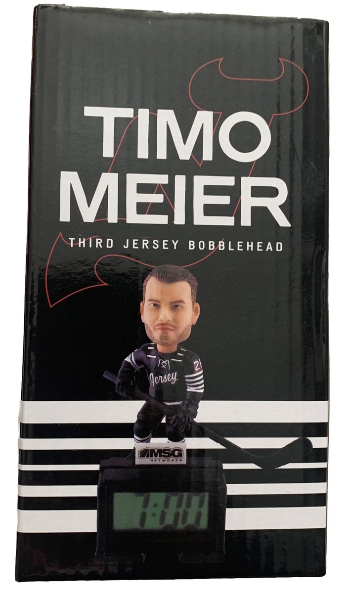 NJ DEVILS TIMO MEIER BOBBLEHEAD CLOCK SGA THIRD JERSEY 4/15