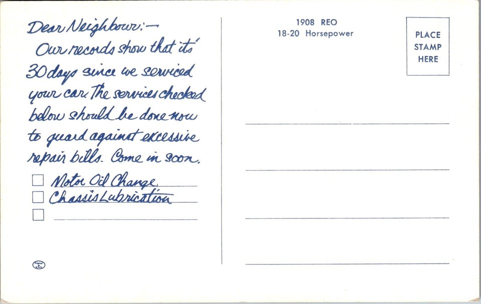 Vintage Car Automobile Postcard Oil Change Reminder 1908 Reo 1820
