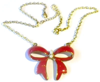 collier rétro bijou vintage chaîne couleur or nœud émail rouge et perles 3960 - Photo 1/4