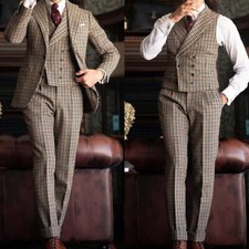 British Brown Plaid Suit Classic Slim Two Button Blazer with Vest Pants,3 PCS