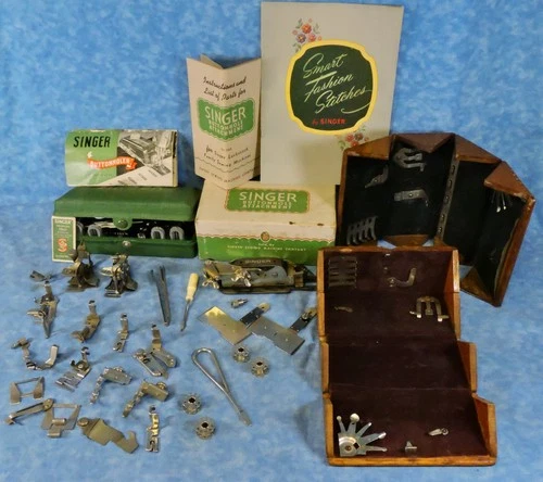 Antique Singer 2 Oak Puzzle Boxes, 2 Buttonholers, Misc. Feet + Tools Lot