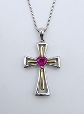 Vintage Sterling Silver Cross Pendant Necklace Pink Ruby Heart Two Tone 