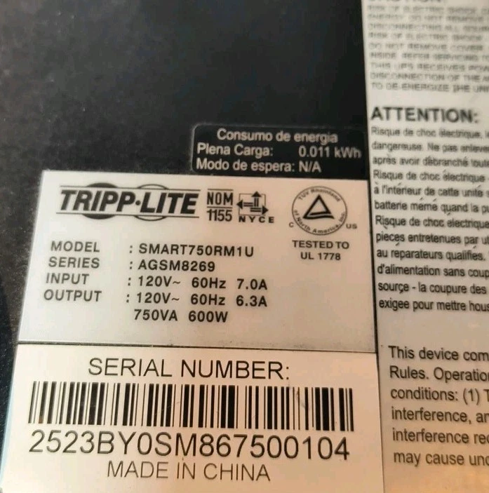 UPS Tripp-Lite Smart Pro Smart750RM1U, entrada: 120V/60Hz 7A - SOLO PIEZAS  Foto 3 de 4