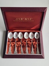 Jouir Fleur Silver Plated Cloisonné Coffee/ Tea Spoon Set Boxed Mint Condition