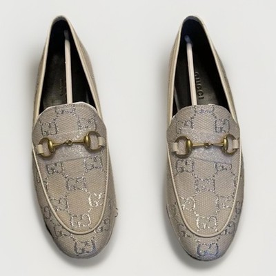 New Auth Gucci Jordaan Horsebit GG Supreme Monogram Canvas Leather Loafers G 35