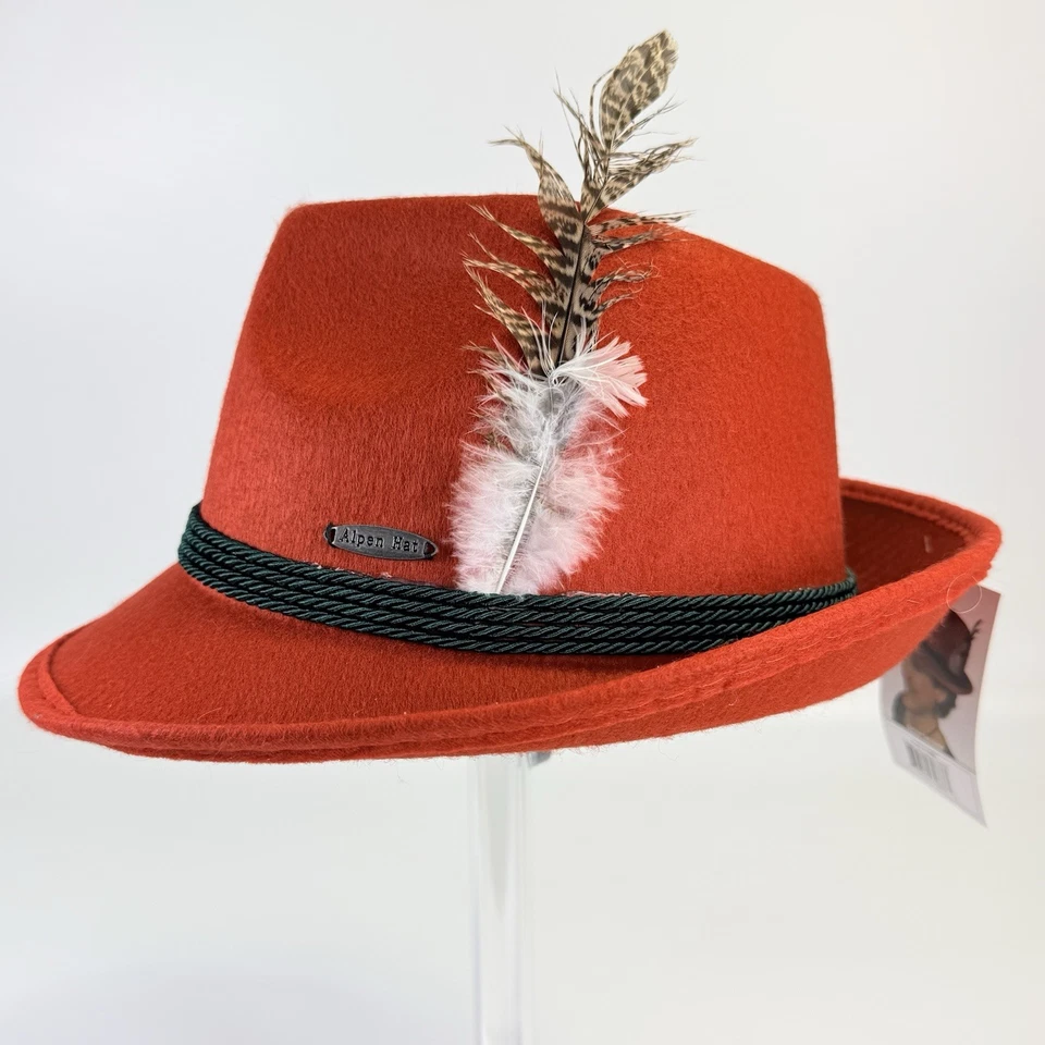 Red Wool Felt Hat German Bavarian Feather Fedora Oktoberfest Size Medium NWT - Image 4 of 4