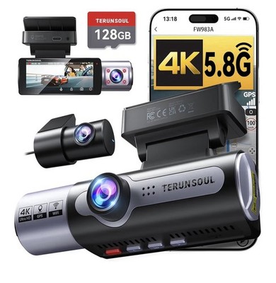 4K Dash Cam Front and Rear, Full HD 3 Channel Dashcam 128GB SD FW983A