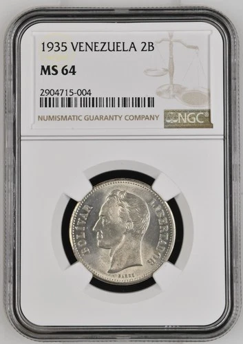 1935 Venezuela 2 Bolivares NGC MS64 Silver Graded Mint State BU UNC Uncirculated