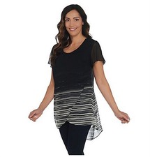 NEW Halston Ombre' Chiffon Overlay Short Sleeve Tunic M Black #75252