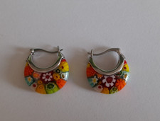 Stainless Steel Murano Style Millefiori Glass Hoop Earrings  