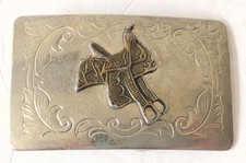 Vintage Western Saddle 3 Dimensional on Floral Silver Tone Belt Buckle USA