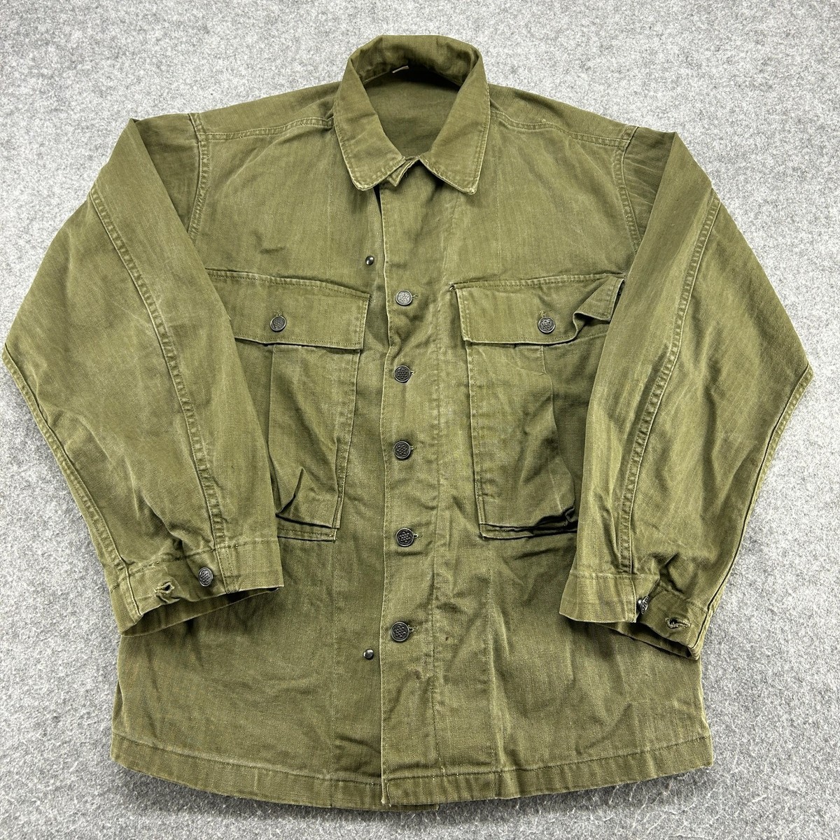 VINTAGE US Army Shirt 36R Green M43 Monkey Pleated Pockets HBT 