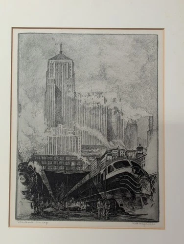 Kent Hagerman Signed Etching Trackside Chicago Vintage 1950s 