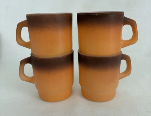 4 Anchor Hocking Fire King Ware Orange and Brown Coffee Mugs made in USA