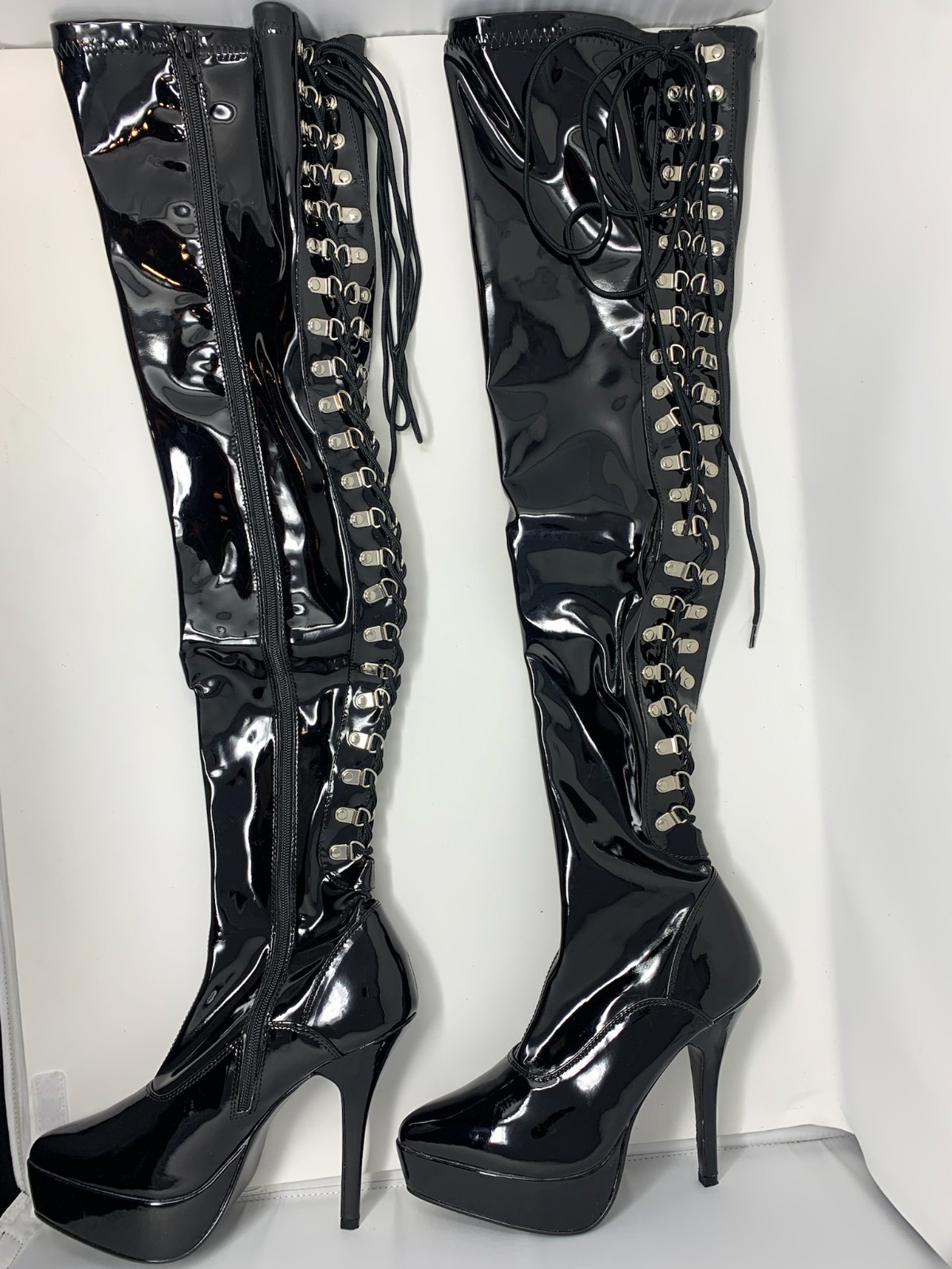 PLEASER BLACK PATENT THIGH HIGH BOOTS CORSET LACE PLATFORM SEXY UK SIZE 5 EU 38