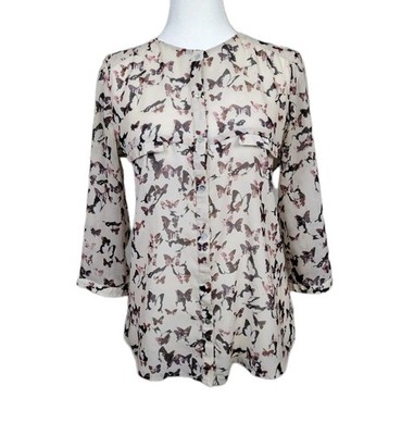 MNG Collection Sheer Butterfly Blouse Size 2 Button Up 3/4 Sleeve Whimsical Cute