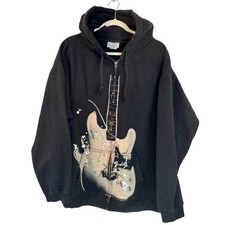 VTG FENDER Guitar Graphic Hoodie Full Zip Up Sweatshirt XXL Black Unisex Rock