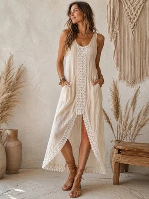 Maxi Vestido Bronte Crema Crochet Encaje Alto Bajo Para Mujer XS Mezcla Seda Boho Festivo - Imagen 1 de 4