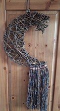 Handmade Willow Crescent Moon Wall Hanging Boho Witchy Rustic Tassels
