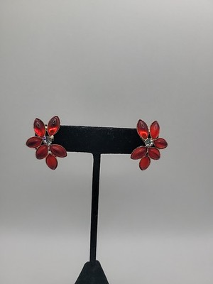 Vintage Style Red Flower Earrings Gold Tone Rhinestone Floral Stud Retro