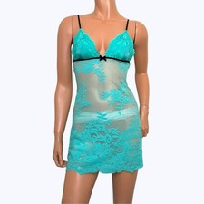 Victoria  s Secret Turquoise Lace Mesh Babydoll Slip Dress M Y2K, Indie Sleaze