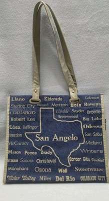 Vintage San Angelo Texas Map Navy Canvas Vinyl Tote Bag Purse Hemphill Wells 