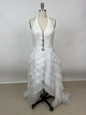 2000s Wedding Dress Y2K Alyce Designs Tiered Ruffle Embroidered Chiffon  Halter | eBay