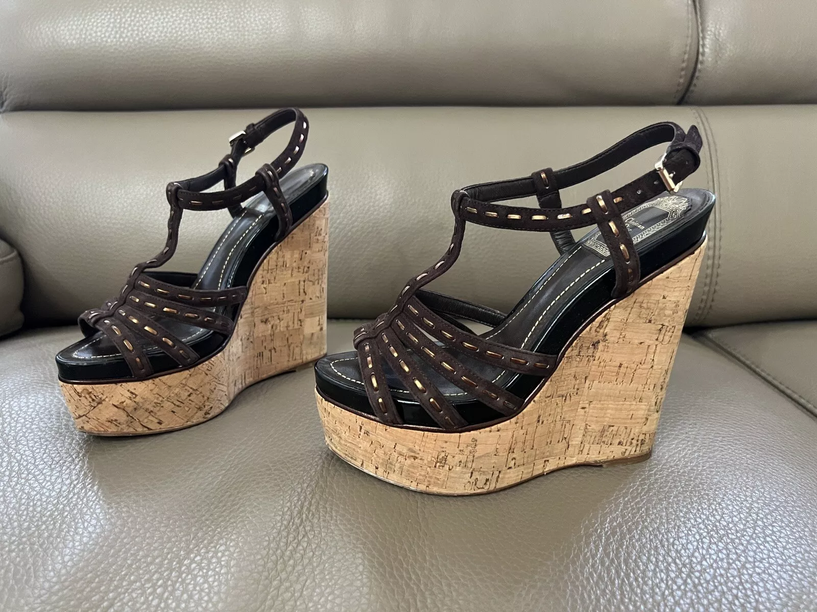 Sandales compensées CHRISTIAN DIOR marron daim antica liège pointure 36/4,5