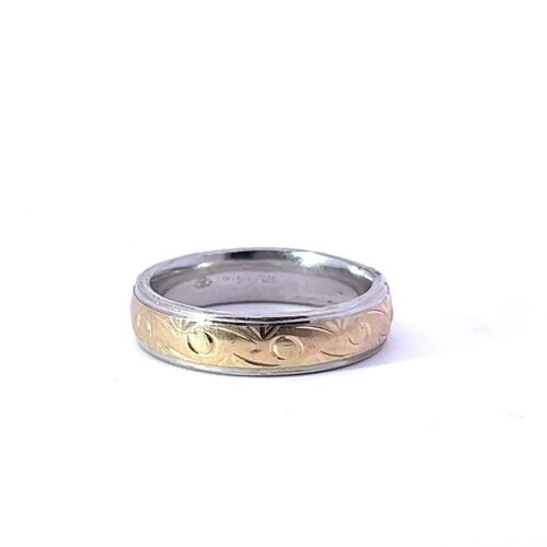 925 Plata de Ley & 14K Oro Amarillo 6mm Ancho Espiral Grabado Diseño Anillo - Imagen 2 de 4