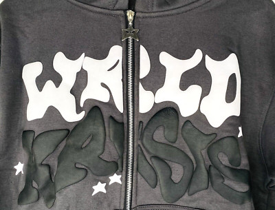 Wrld Krisis Full Zip Up Dark Gray Hoodie w/ Puff Print - NWT