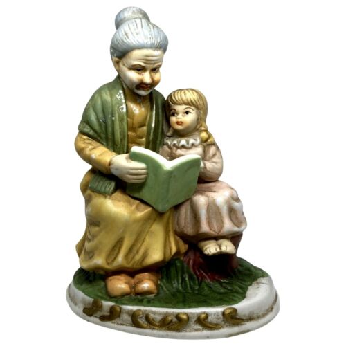 Ceramic Figurine Grandmother Reading Book to Granddaughter Boy Sitting on Stone - Picture 1 of 7