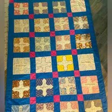 Vintage Handmade Family Name Quilt 89”/59” Blues and Pinks