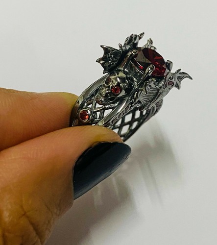 Red Garnet Bat and Skull Gothic Engagement Ring For Womens Silver Gun Metal Fn - Picture 2 of 12