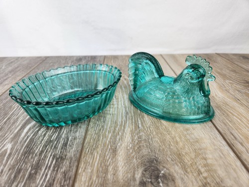 Teal Blue Glass Rooster on Basket "Hen on Nest" Trinket or Candy Dish 5.5" - Picture 3 of 7