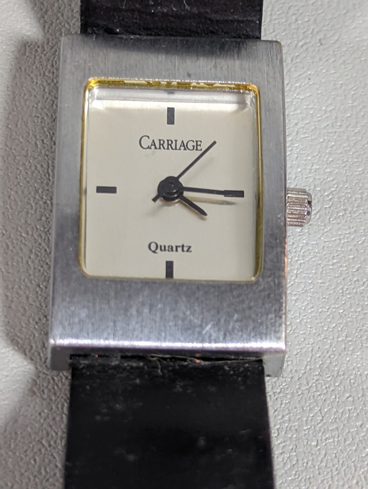 Carriage Silver Tone Dial Rectangle Case Black Le… - image 1