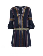 Alice & Olivia - Jolene Navy Drop Waist Dress W/ Multicolored Embroidery Sz 0