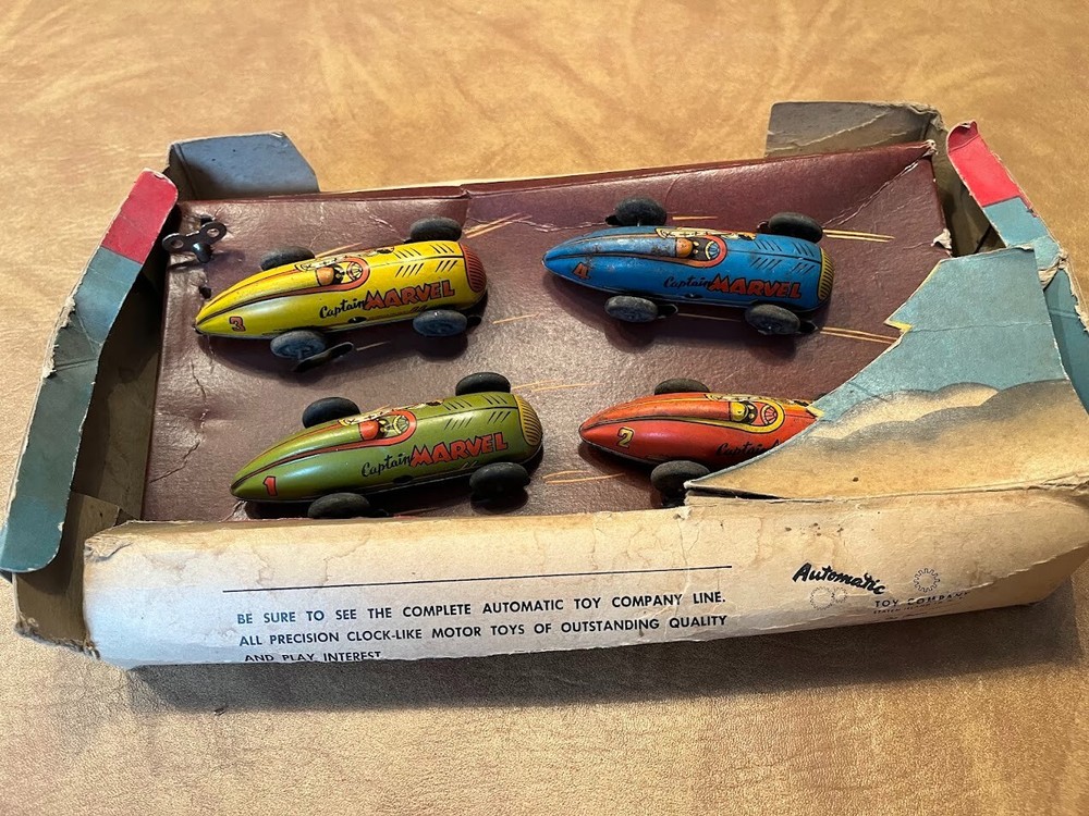 Vintage 1947 Captain Marvel Fawcett Race Cars set of 4 with Display Box & Key