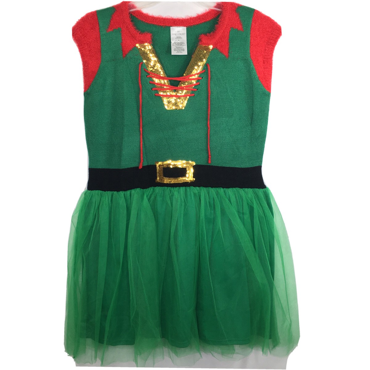 Christmas Sweater Elf Dress Green Knit & Tulle Sz L Cute Ugly Tacky Holiday  | eBay