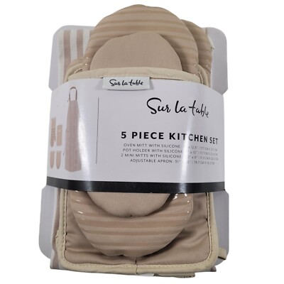Sur La Table 5pc Beige Kitchen Set Apron Oven Mitt W/Silicone Pot Holder & Mini