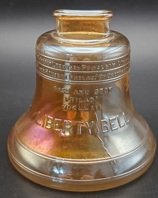 BEAUTIFUL VTG UNUSED US LIBERTY BELL CARNIVAL AMBAR GLASS COIN PIGGY BANK