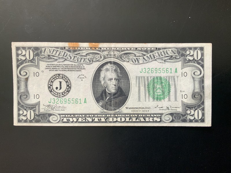 1934B $20 DOLLAR BILL J32695561A Federal Reserve Note Kansas City