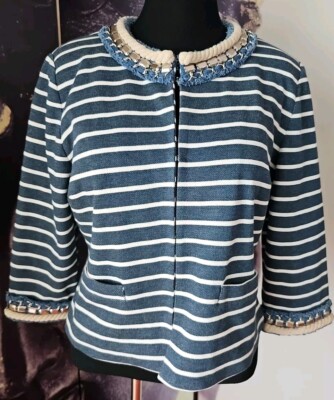 BOSTON PROPER Rope Braid/ Fringe/ Metallic Chain Trim Striped Nautical Blazer 16