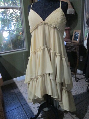 BEAUTIFUL CUSTOME MADE DRESS! LT. MUSTARD LINED HIGH LOW STRAPPY SHEER LAYERED