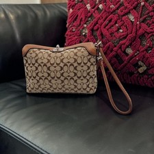 Vintage Coach Bag Signature Brown Canvas Leather Mini Turn Lock Wristlet Purse