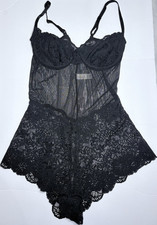 Vintage Victoria's Secret Black Lace Mesh Underwire Teddy Bodysuit Sheer 36B