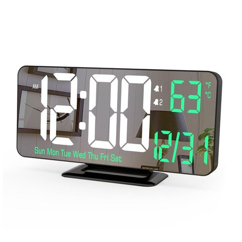 Desk Clock 6.7in Black Digital Alarm Clock with Dual Alarm, Dimming, Date, Da...