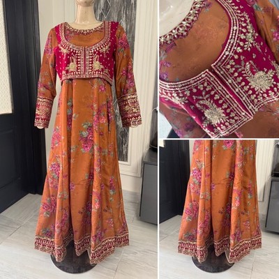 Pakistani Rust Long Maxi Style Embroidered Sequins work  Dress,L