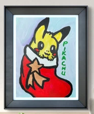 Original "Pikachu Stocking" 9x12 Canvas Expressionism Abstract Design Home Art