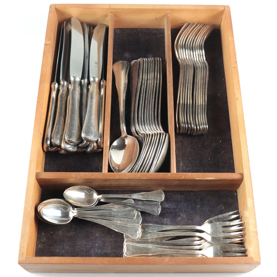 WMF82 Germany Flatware 60pc Set – Modern Hollow Knife, Cocktail Forks, Wood Tray - Image 3 of 4